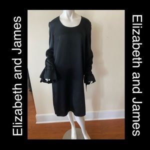 Elizabeth and James Black Midi Witchy Shift Dress, Ruffle Sleeves, Dark Romantic